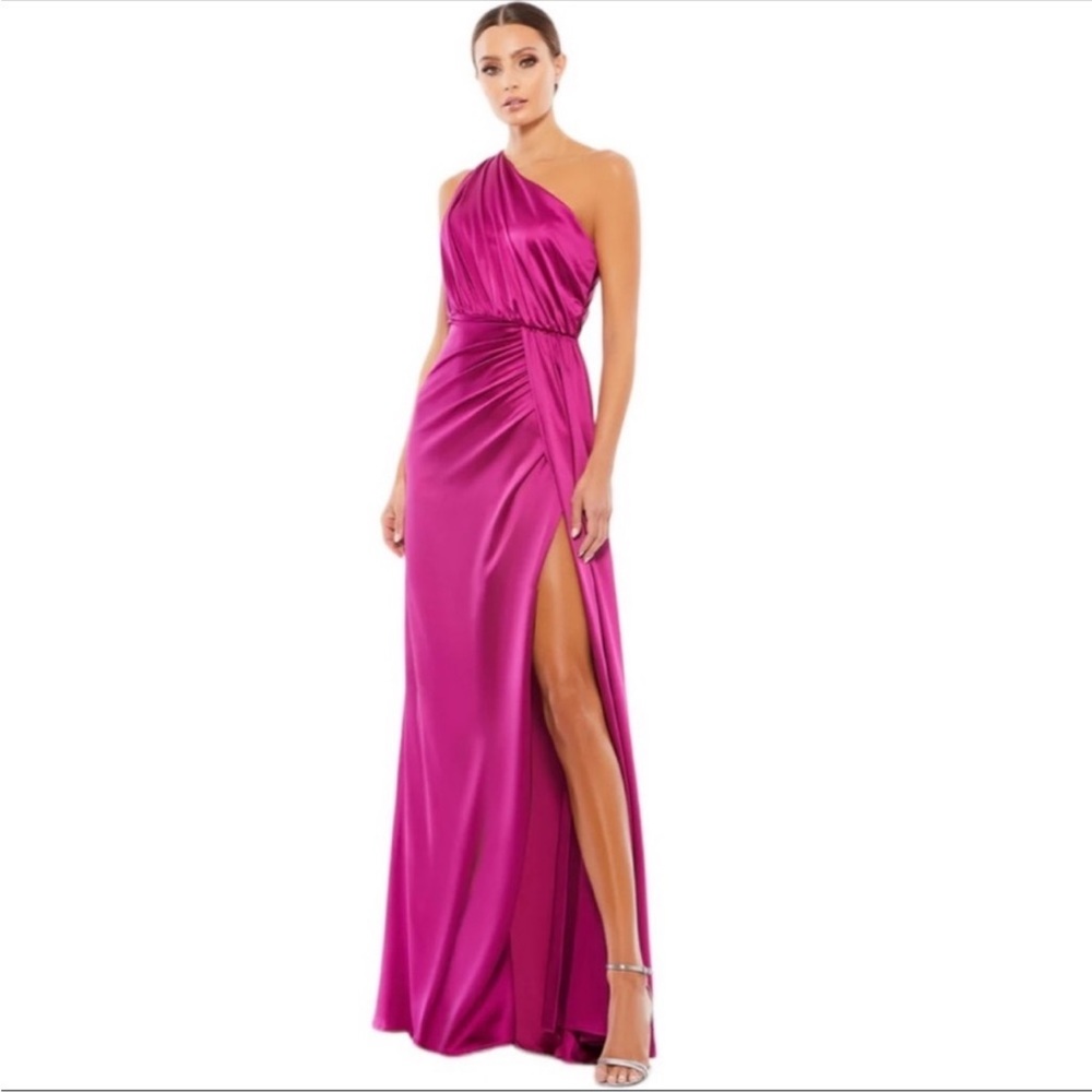 Mac Duggal 26654 Satin Draped one shoulder formal evening gown 12 prom hot pink
